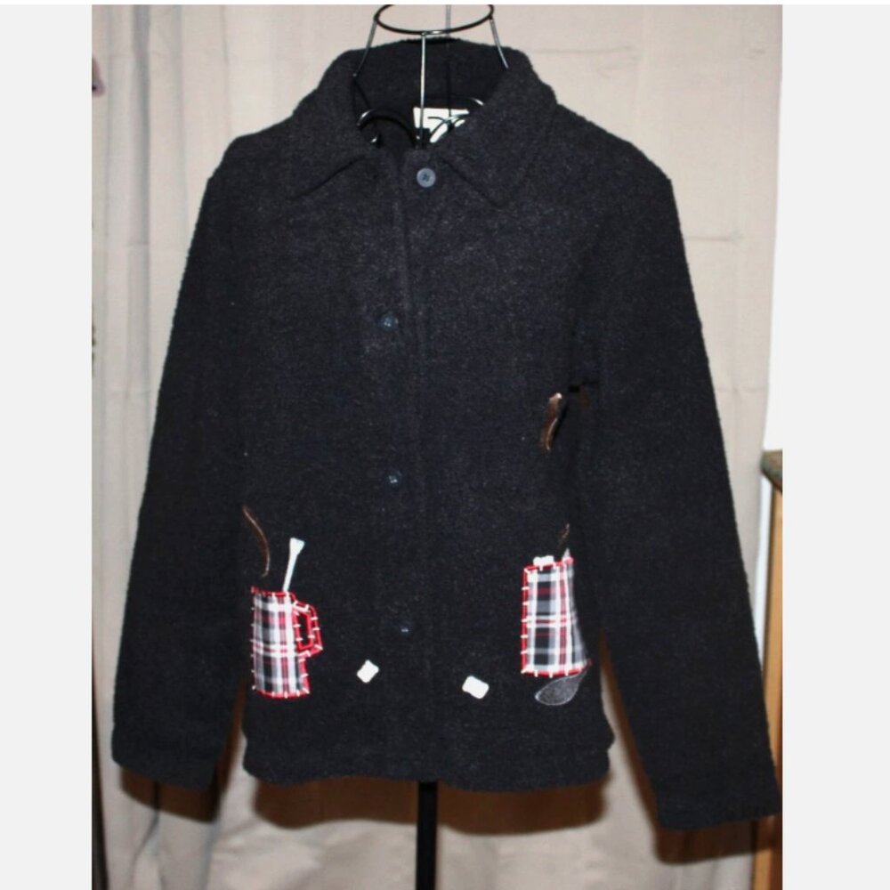 Coffee & Golf Cardigan Sweater Plaid Patches Sz S Boiled Wool Blazer NOS Y2K